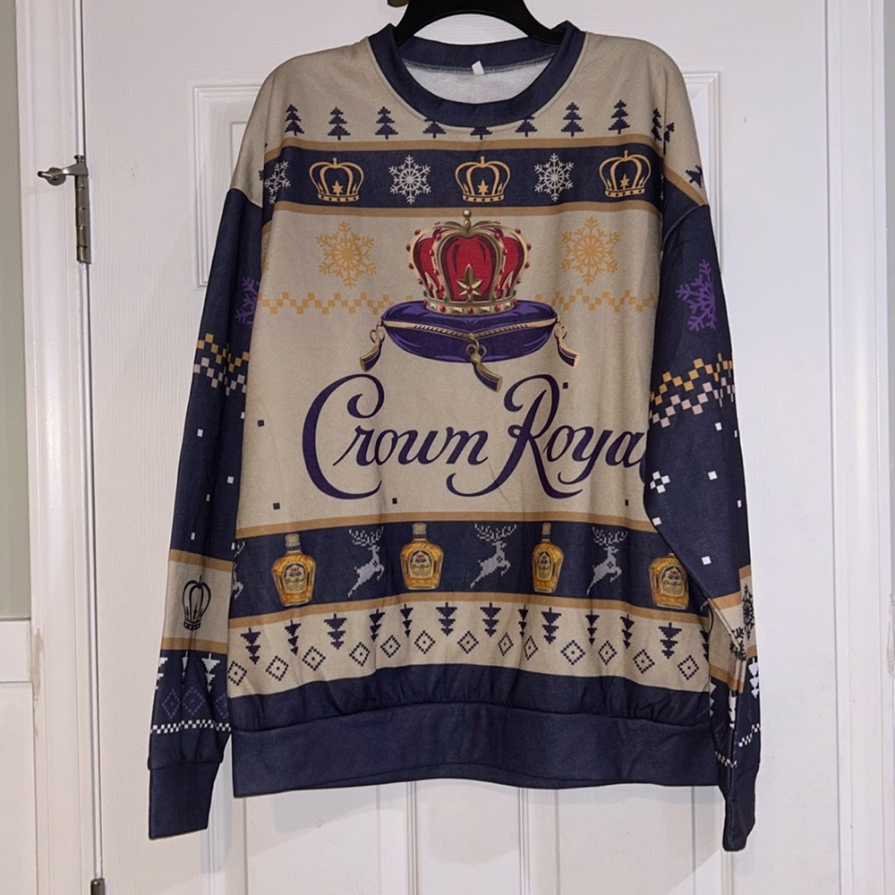 Crown Royal whiskey, ugly sweater size xl